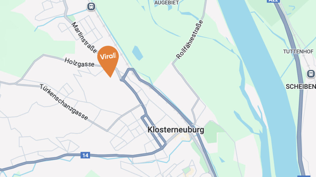 Karte von Klosterneuburg mit orangener Stecknadel mit Viral DOOH Logo gesetzt am Karl Inführ Platz 1 3400 Klosterneuburg